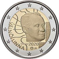 Памятная монета 2 евро 100 лет со дня рождения Вяйнё Линна. Финляндия, 2020 г. в. Монета в состоянии UNC (из ролла)
