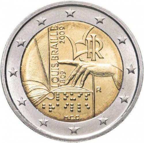 Монета 2 евро Луи Брайль. Италия 2009 UNC