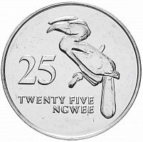 Памятная монета Замбия 25 нгве, Птица-носорог,  1992 г. в. Монета в состоянии UNC (из мешка)