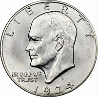Монета из серебра 400 пробы (9,841 г.) в запайке с жетоном 1 доллар Эйзенхауэр. S. США, 1974 г. UNC