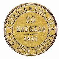 Золотая монета 900 пробы (6.45 г) 20 марок L. Финляндия 1891 VF-XF