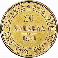 Золотая монета 900 пробы (6.45 г) 20 Марок L. Финляндия 1911 VF-XF