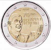 Памятная монета 2 евро 70 лет речи Шарля де Голля. Франция 2010 UNC