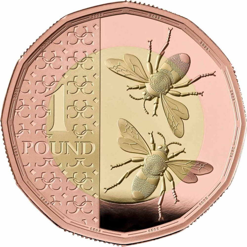 Золотая монета 1 фунт Пчелы в капсуле. Великобритания 2023 Proof