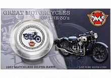 Серебряная монета 2 доллара в открытке Знаменитые Мотоциклы 1930-х годов. Matchless Silver Hawk. Острова Кука 2007 UNС