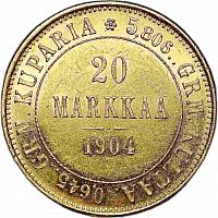 Золотая монета 900 пробы (6.45 г) 20 Марок L. Финляндия 1904 VF-XF