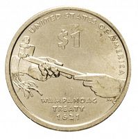 Монета 1 доллар Трубка мира. Сакагавея. Коренные американцы. США Р 2011 UNC