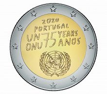 Памятная монета 2 евро. 75 лет ООН. Португалия, 2020 г. в. Монета в состоянии UNC (из мешка)