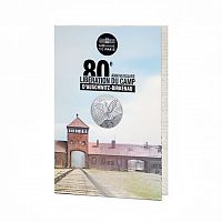 Серебряная монета 10 евро 80-летие освобождения кoнцлагеря Освенцим в буклете. Франция 2025 PF