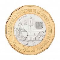 Монета 20 песо 500-летие порта Веракрус - Корабль. Мексика 2019 UNC