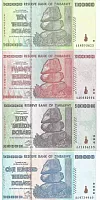 Набор из 4-х банкнот 10, 20, 50, 100 триллионов долларов. Зимбабве 2008 аUNC