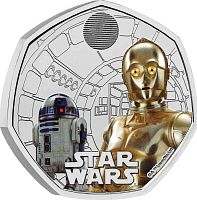Памятная цветная монета 50 пенсов R2-D2 и C-3PO. Звездные воины. Великобритания 2023 UNC