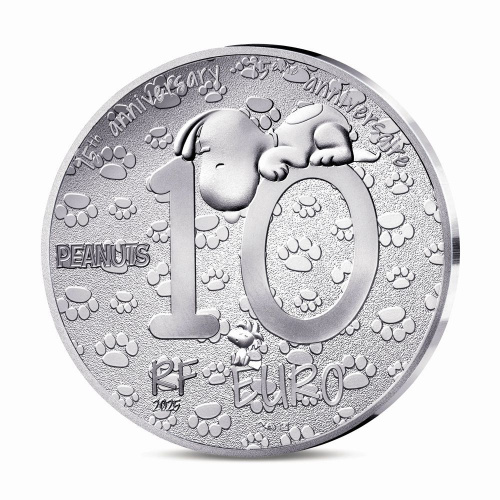 Серебряная монета 10 евро в футляре Снупи. Пинатс. Франция 2025 PF фото 2