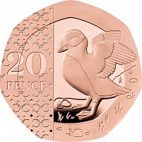 Золотая монета 20 пенсов птица Тупик в капсуле. Великобритания 2023 Proof