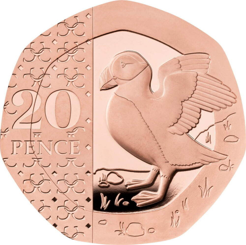 Золотая монета 20 пенсов птица Тупик в капсуле. Великобритания 2023 Proof