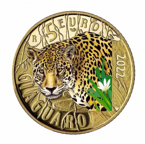 Монета 5 евро Ягуар. Устойчивый мир - Вымирающие животные. Италия 2022 Proof