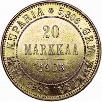 Золотая монета 900 пробы (6.45 г) 20 Марок L. Финляндия 1903 VF-XF
