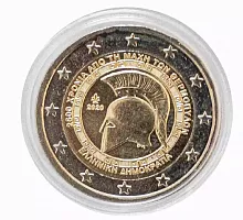 Памятная монета 2 евро в капсуле 2500 лет битвы при Фермопилах, Греция, 2020 г. в. Монета в состоянии UNC (из мешка)