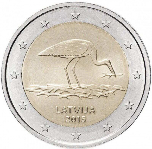Монета 2 евро Черный аист. Латвия 2015 UNC Монета 2 евро Черный аист. Латвия 2015 UNC