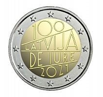 Монета 2 евро 100 лет юридического признания Латвийской Республики. Латвия 2021 UNC
