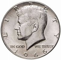 Серебряная монета 400 пробы 1/2 доллара (half dollar) Кеннеди. Р США 1966 aUNC