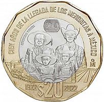 Памятная монета 20 песо 100-летие прибытия меннонитов. Мексика, 2022 г. в. UNC (без обращения)