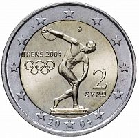 Монета 2 евро Дискобол. XXVIII Летние олимпийские игры 2004 года в Афинах. Греция 2004 UNC