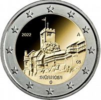 Памятная монета 2 евро Тюрингия, замок Вартбург. Германия, 2022 г. в. Монета в состоянии UNC (из мешка)