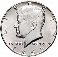 Серебряная монета 1/2 доллара Кеннеди. P США 1965 aUNC