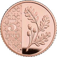 Золотая монета 5 пенсов Дубовая веточка в капсуле. Великобритания 2023 Proof