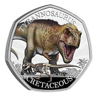 Серебряная монета 50 пенсов Тираннозавр в капсуле и футляре. История Земли. Великобритания 2024 PF
