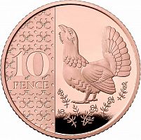 Золотая монета 10 пенсов Глухарь в капсуле. Великобритания 2023 Proof