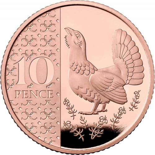 Золотая монета 10 пенсов Глухарь в капсуле. Великобритания 2023 Proof
