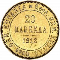 Золотая монета 900 пробы (6.45 г) 20 Марок L. Финляндия 1912 VF-XF