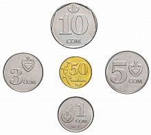Набор монет из 5-ти штук 50 тыйын, 1,3,5,10 сом. Киргизия 2008 - 2009 UNC