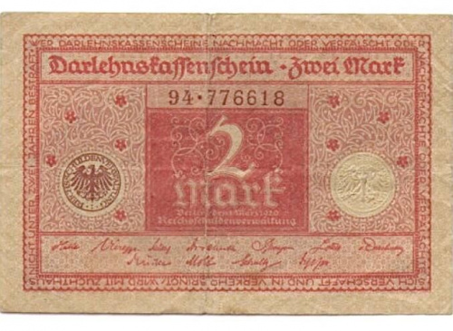Банкнота 2 марки. Германия 1920 VF-XF Банкнота 2 марки. Германия 1920 VF-XF