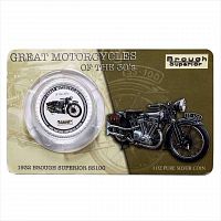 Серебряная монета 2 доллара в открытке Знаменитые Мотоциклы 1930-х годов. Brough Superior SS100. Острова Кука 2007 UNС