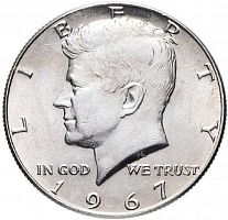Серебряная монета 1/2 доллара Кеннеди. P США 1967 aUNC