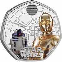 Серебряная цветная монета 50 пенсов Звездные воины. R2-D2 и C-3PO. Великобритания 2023 PF