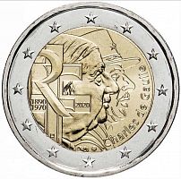 Памятная монета 2 евро. Генерал Шарль де Голль. Франция, 2020 г. в. Монета в состоянии UNC (из мешка)