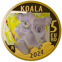Памятная монета 5 евро Коала. Устойчивый мир - Вымирающие животные. Италия 2024 PF
